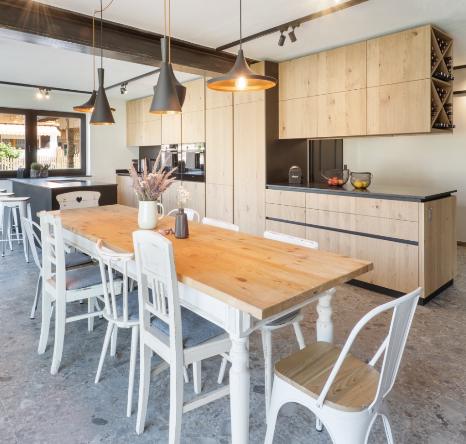 the kitchen with the dining area